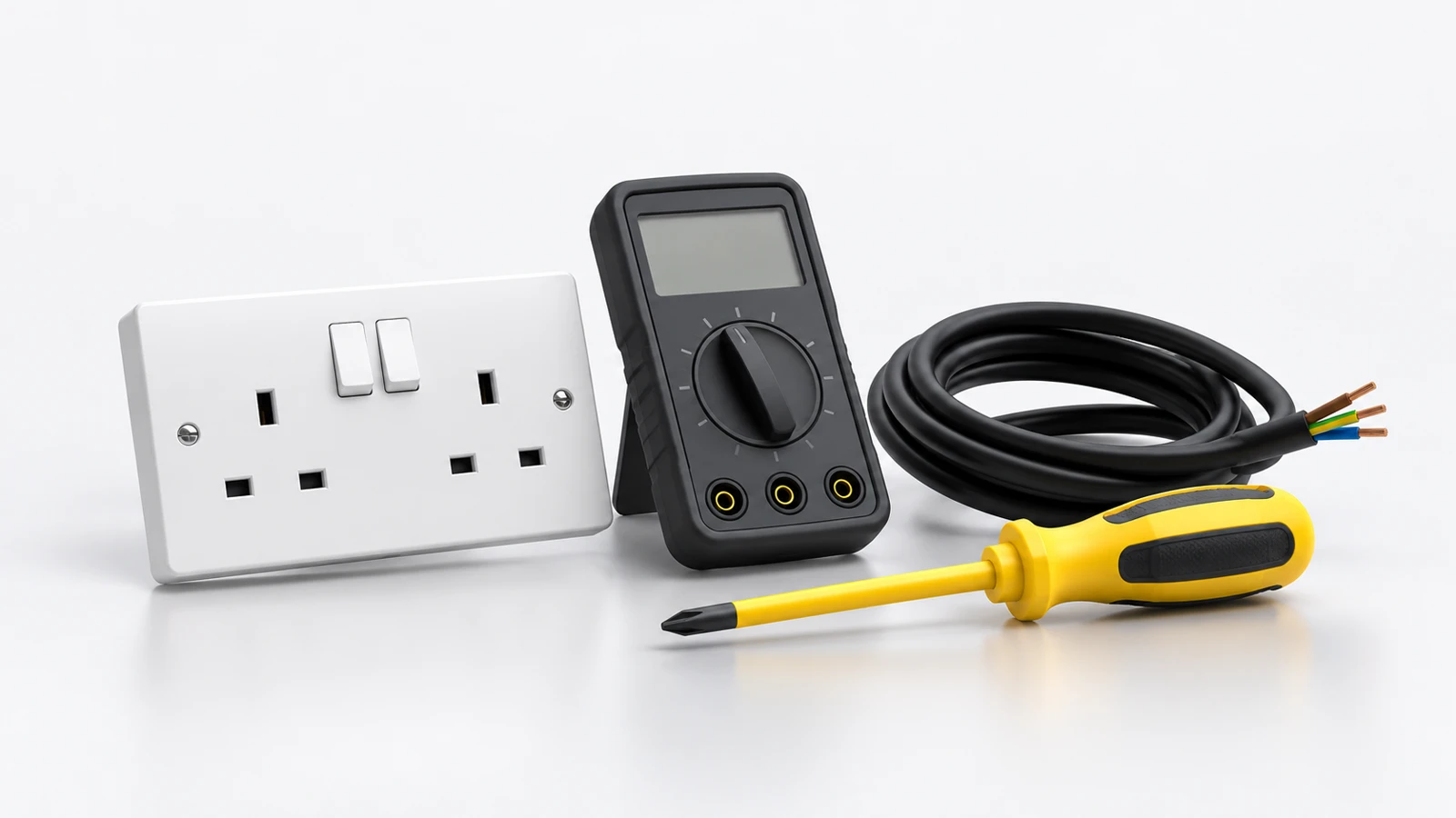 Studio illustration of a UK socket, electrical tester, cable and screwdriver