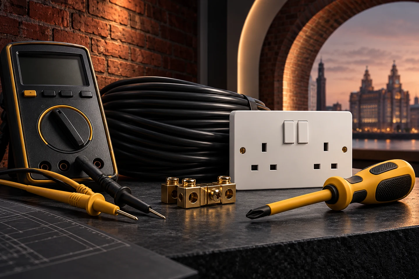 Illustration of electrical tools, cable and a UK socket