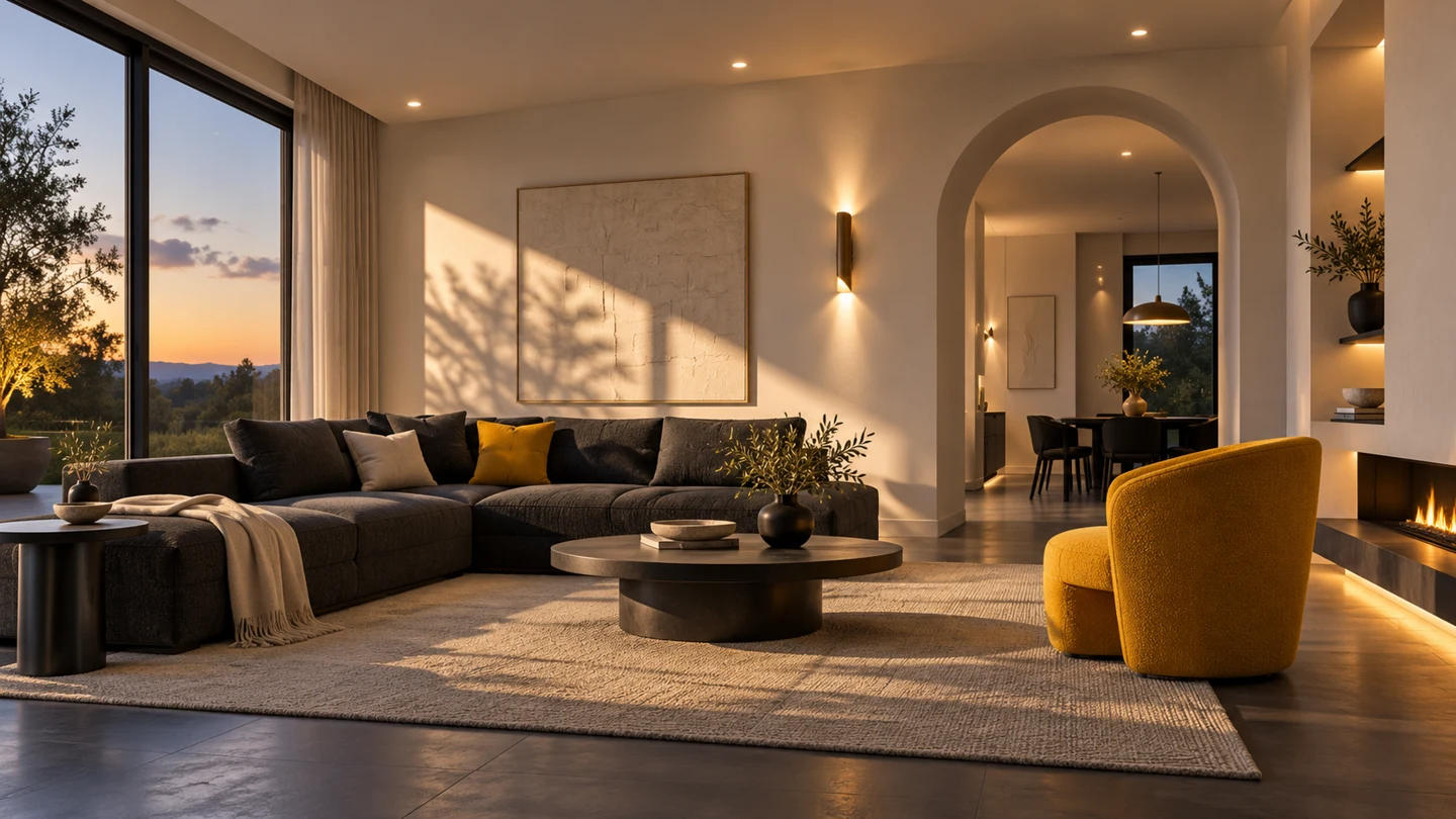 Illustration of a contemporary interior with warm lighting