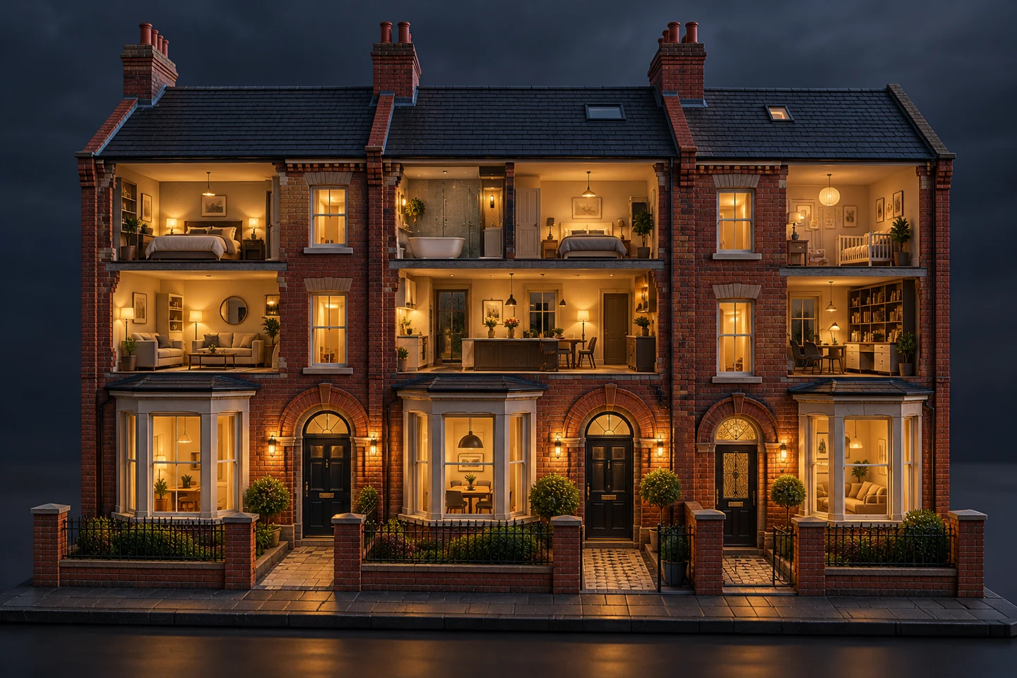Architectural illustration of Liverpool terraced homes at dusk